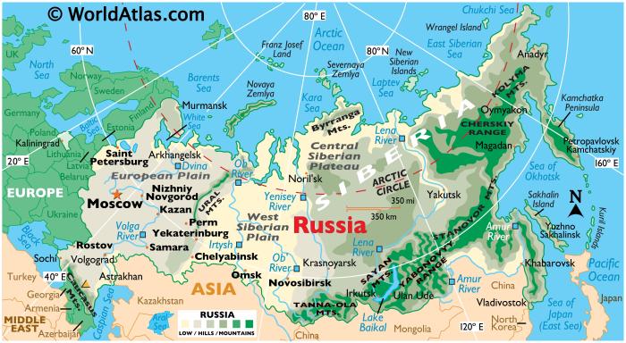 Russia and republics physical map