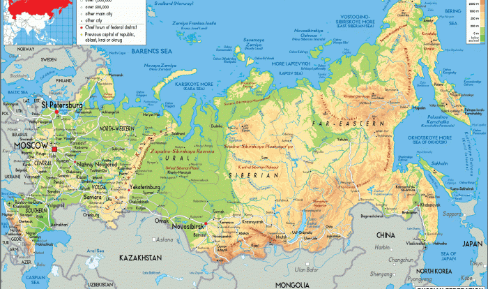 Russia and republics physical map