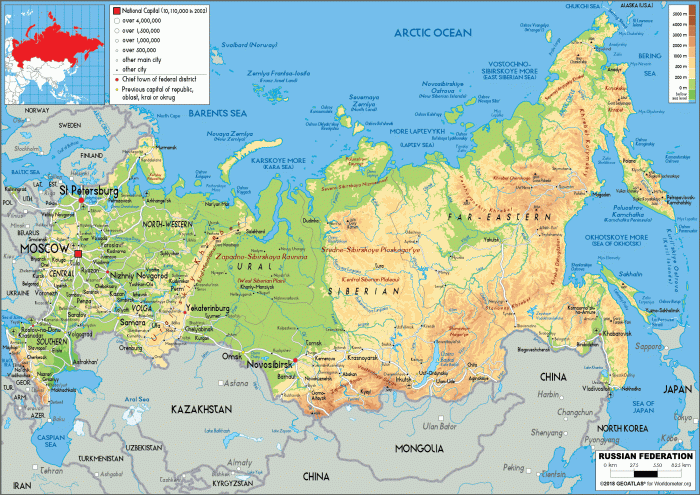 Russia and republics physical map